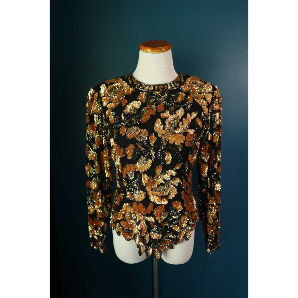 Vintage Black Tie Sequin Beaded Floral Art Deco Long Sleeve Asymmetrical Silk